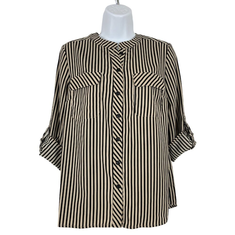 Notations Womens Striped Button-Up Blouse With 3/4 Sleeves Small Petite